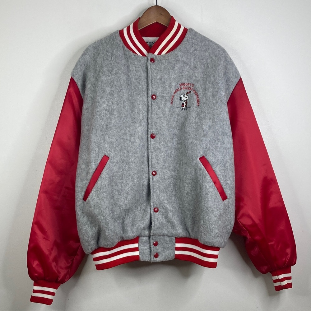 Vintage Varsity Jacket Mens XL Gray Flannel Red Satin Bomber Snoopy 90s 80s